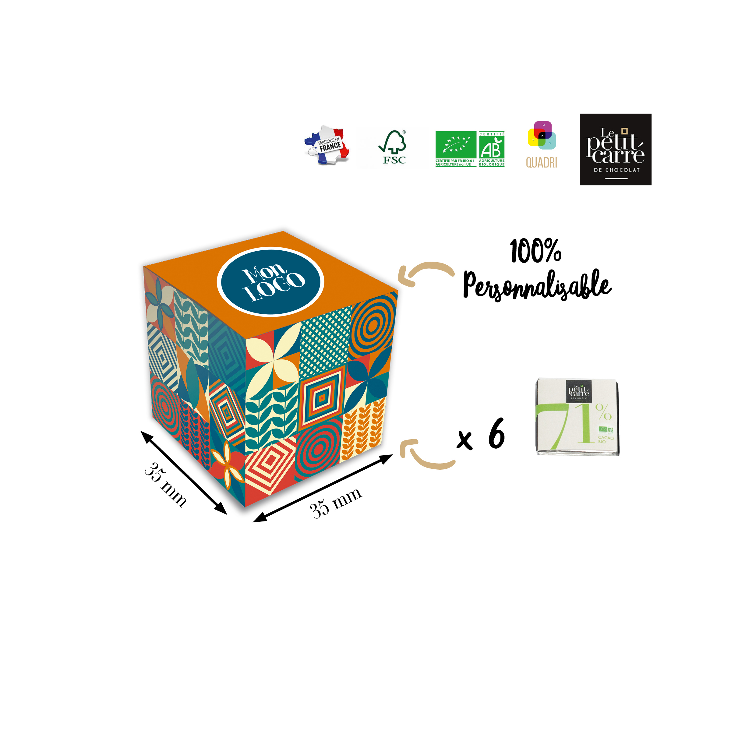 Dé personnalisé 6 carrés de chocolat noir