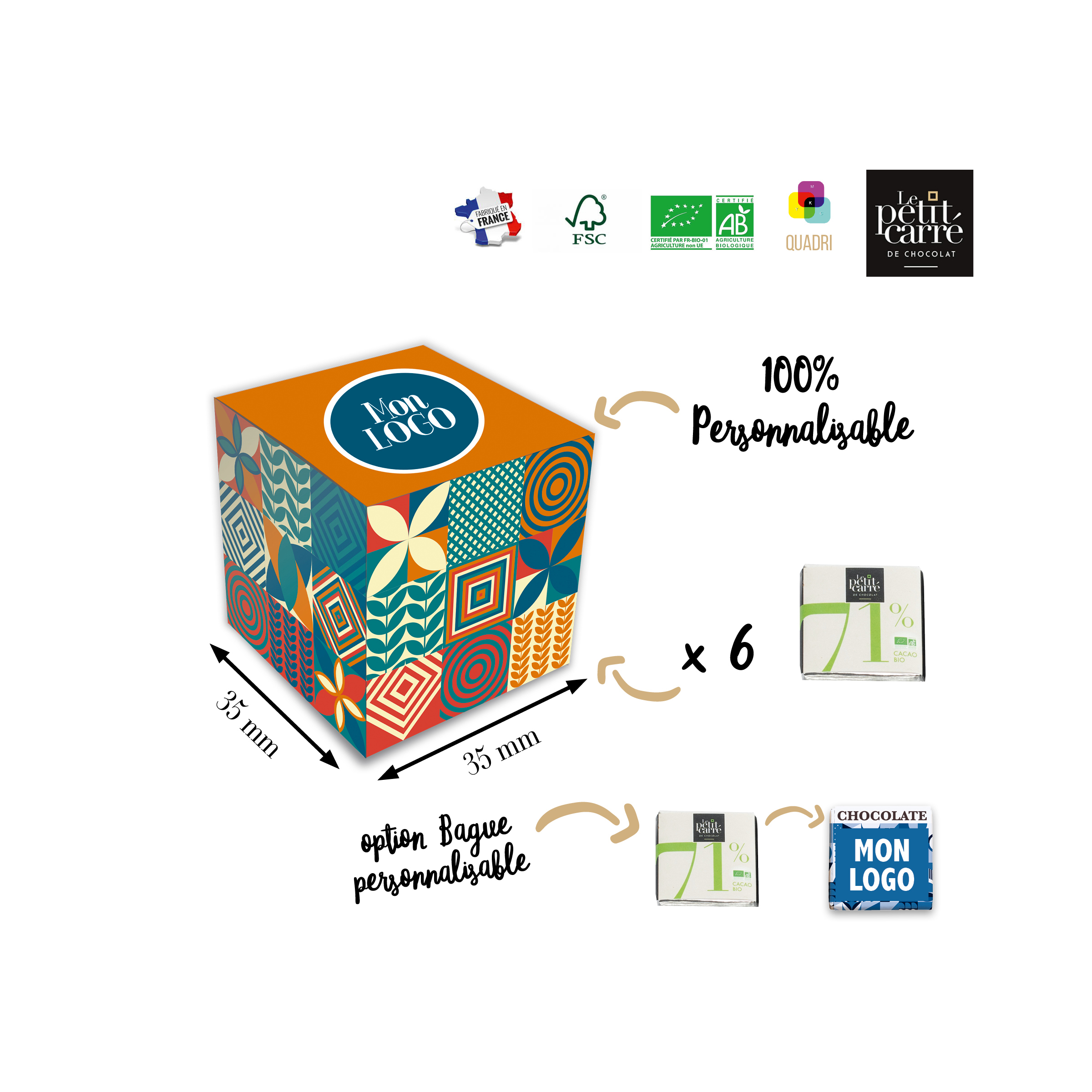 Dé personnalisé 6 carrés de chocolat noir avec bagues personnalisées