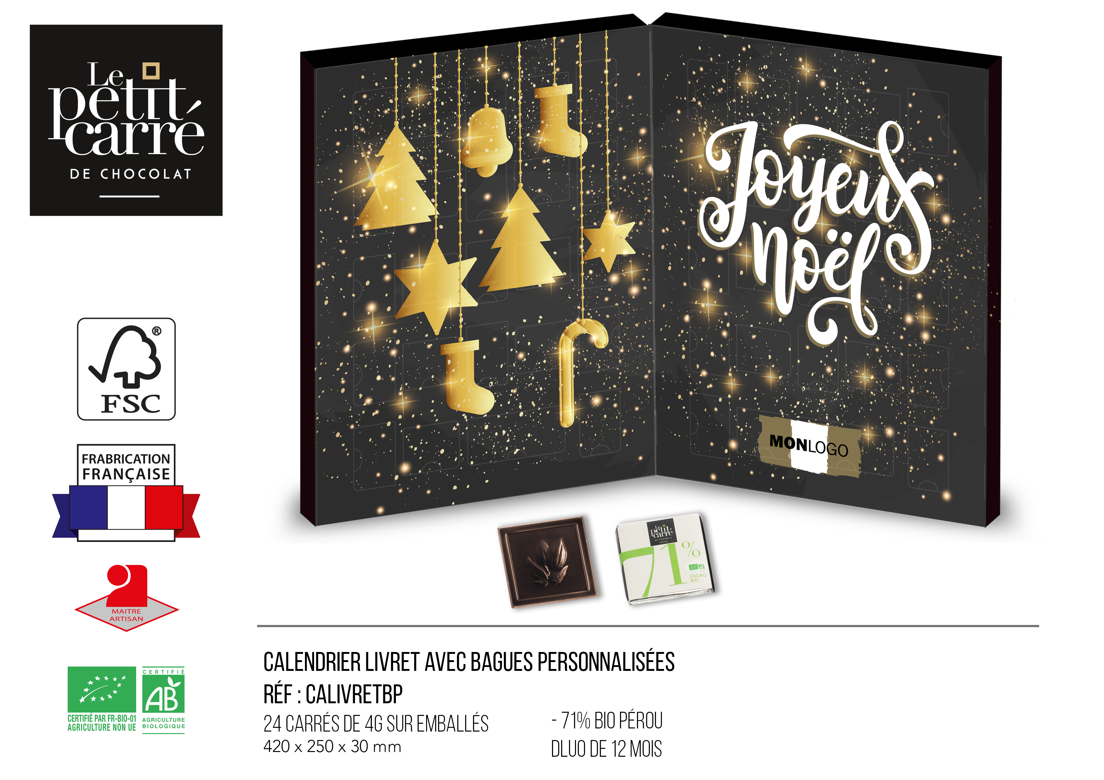 Calendrier de l'Avent Livret personnalisé contenant 24 carrés de chocolat 4g Bio* 71% de cacao