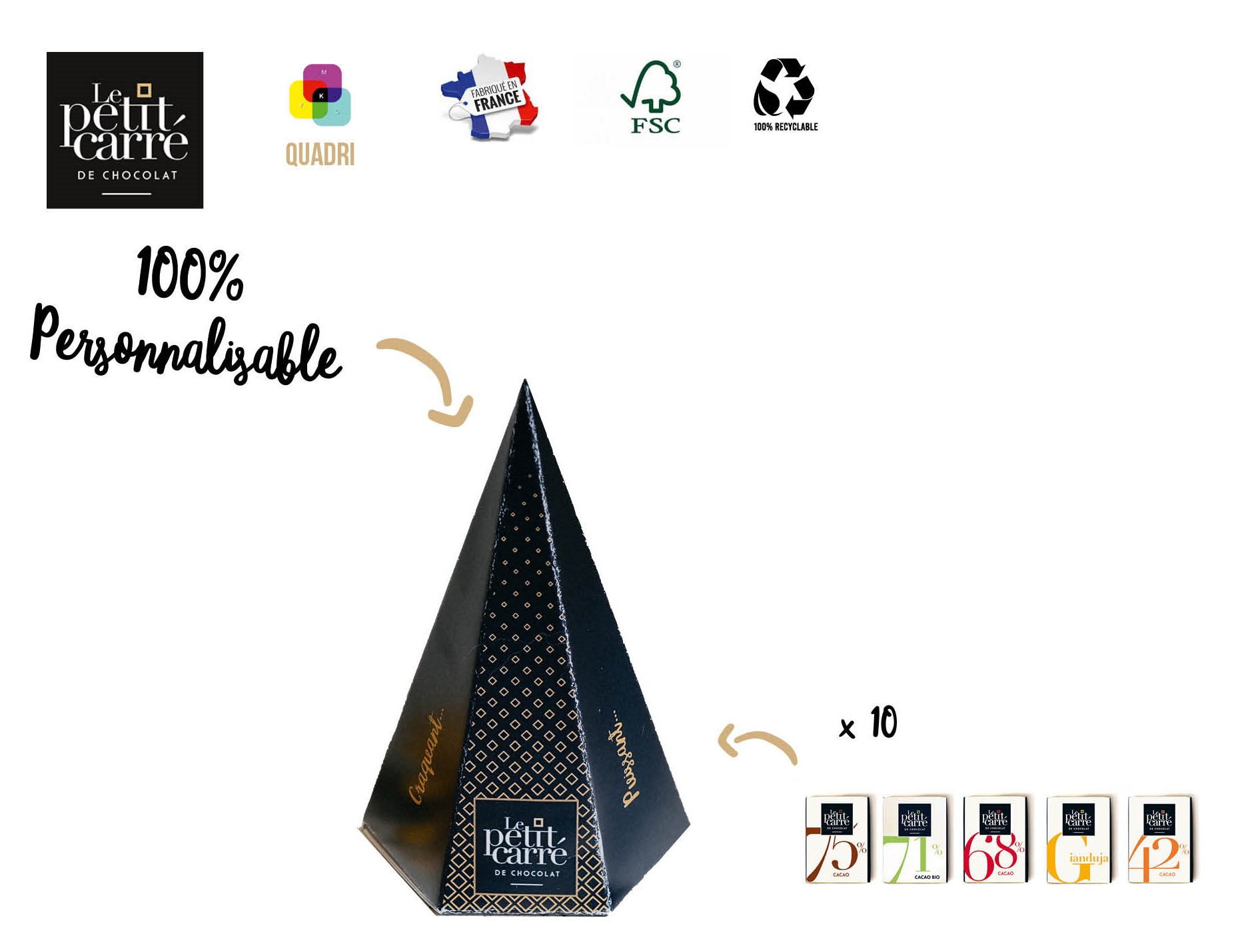 Pyramide personnalisée 10 carrés de chocolat avec bagues personnalisées